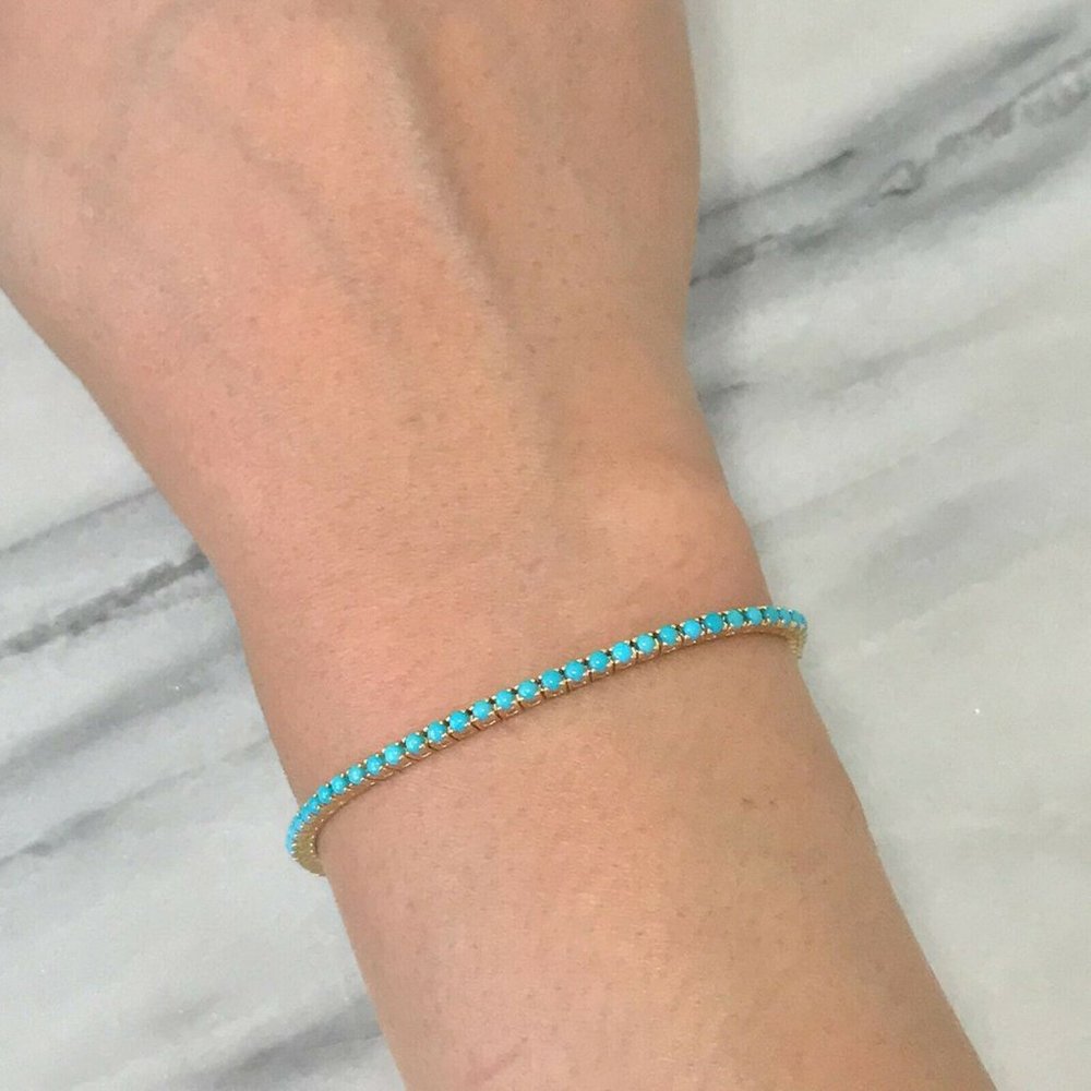 Dainty Beauty Turquoise 14K Yellow Gold Over Tennis 7.25" Bracelet Gift For Her